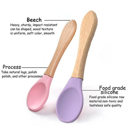 Baby Wooden Spoon Silicone Wooden Baby Feeding Spoon Organic Soft Tip Spoon BPA Free Food Grade Material Handle Toddlers Gifts