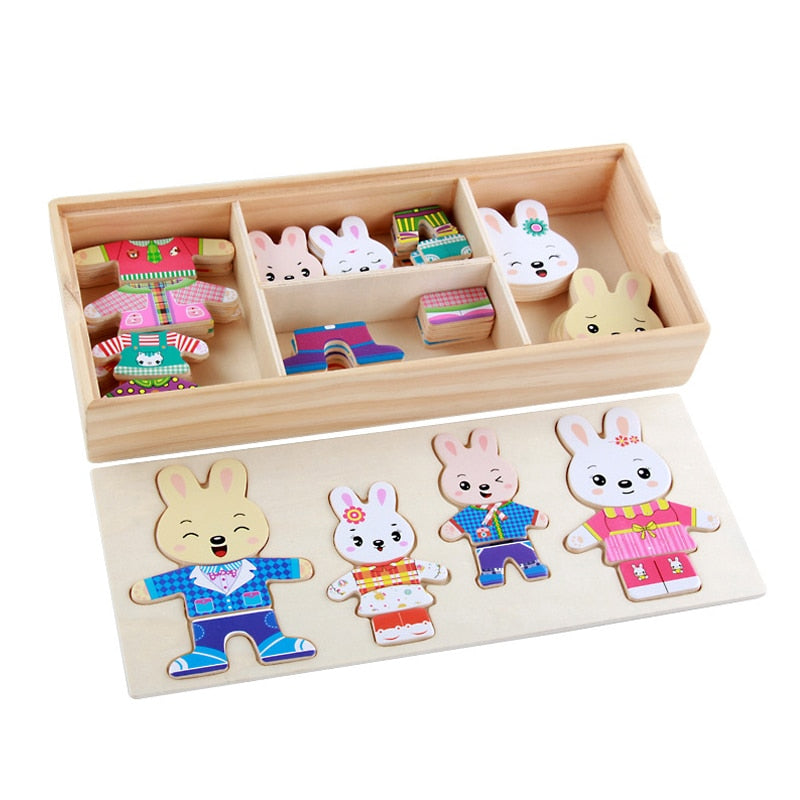 QWZ Little Bear Change Clothes Children's Early Education Wooden Jigsaw Puzzle Dressing Game Baby Puzzle Toys For Children Gift