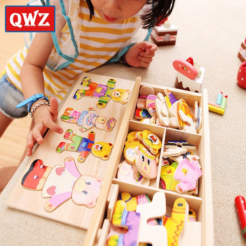 QWZ Little Bear Change Clothes Children's Early Education Wooden Jigsaw Puzzle Dressing Game Baby Puzzle Toys For Children Gift