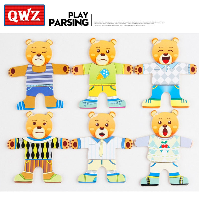 QWZ Little Bear Change Clothes Children's Early Education Wooden Jigsaw Puzzle Dressing Game Baby Puzzle Toys For Children Gift