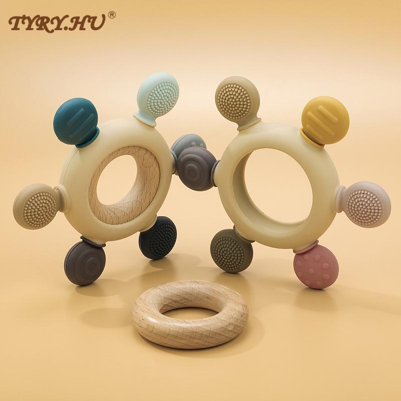 TYRY.HU 1PC Silicone Teether Baby Rudder Shape Wooden Teether Ring Kid Gift BPA Free Silicone Children Goods Kid Teething Toy