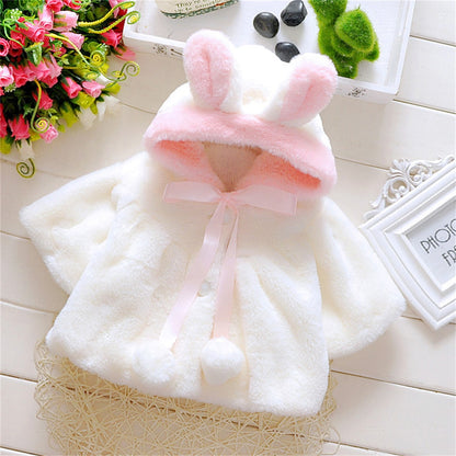 Girls' Sweater Shawl Autumn Hooded Cartoon Solid Color Plush Short Sleeve Coat