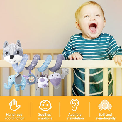 Car Seat Toys Infant Baby Fox Spiral Plush Activity Hanging Stroller Bar Crib Bassinet Mobile with Music BB Squeaker and Rattles