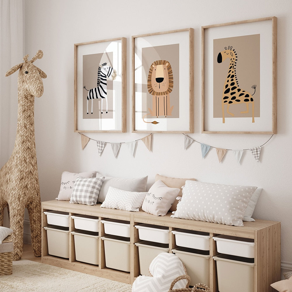 Safari Animals Lion Giraffe Zebra Tiger Monkey Poster Print Canvas Painting Nursery Wall Art Picture Nordic Kids Bedroom Decor