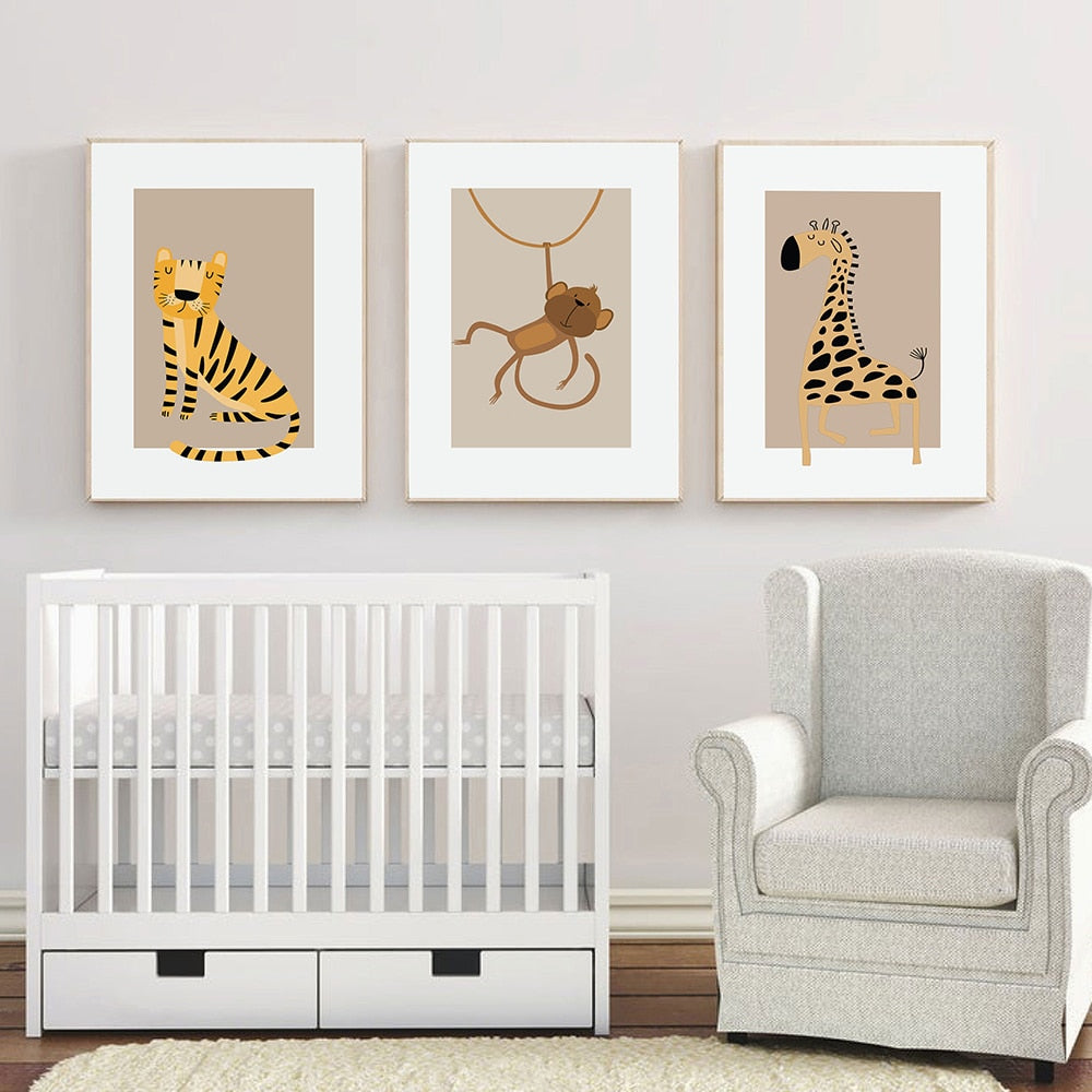 Safari Animals Lion Giraffe Zebra Tiger Monkey Poster Print Canvas Painting Nursery Wall Art Picture Nordic Kids Bedroom Decor