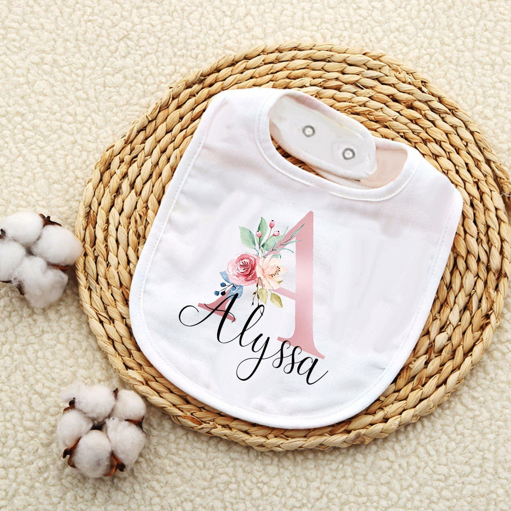 Personalised Baby Bibs Custom Initial with Name Girls Cotton Bib Newborn Saliva Towel Flower Print Bib Baptism Baby Shower Gifts