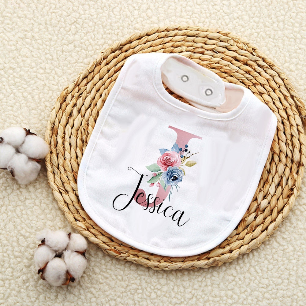 Personalised Baby Bibs Custom Initial with Name Girls Cotton Bib Newborn Saliva Towel Flower Print Bib Baptism Baby Shower Gifts