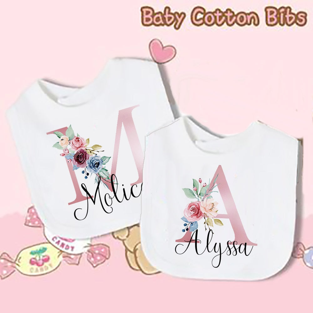 Personalised Baby Bibs Custom Initial with Name Girls Cotton Bib Newborn Saliva Towel Flower Print Bib Baptism Baby Shower Gifts