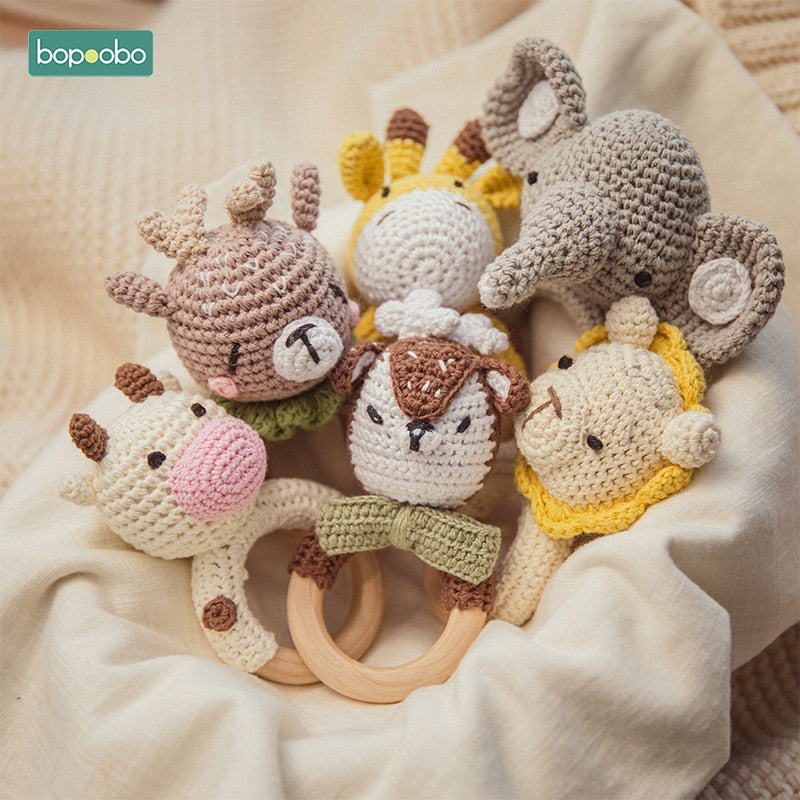 Bopoobo 1pc Baby Rattles Crochet Bunny Rattle Toy Wood Ring Baby Teether Rodent Baby Gym Mobile Rattles Newborn Educational Toys