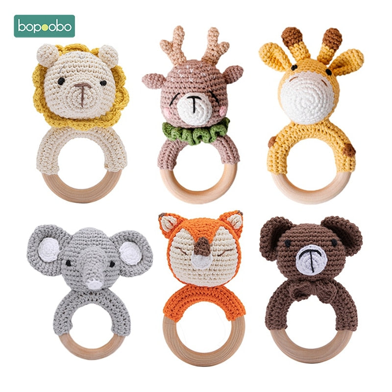 Bopoobo 1pc Baby Rattles Crochet Bunny Rattle Toy Wood Ring Baby Teether Rodent Baby Gym Mobile Rattles Newborn Educational Toys