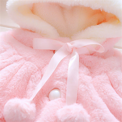 Girls' Sweater Shawl Autumn Hooded Cartoon Solid Color Plush Short Sleeve Coat